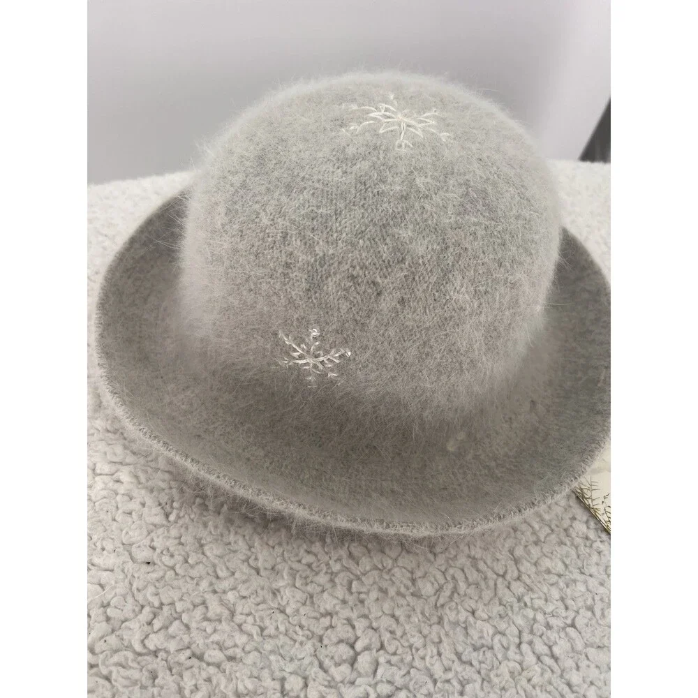 New Capelli Women's Angora Wool Blend Gray Fedora Hat Snowflakes Hand Made Warm